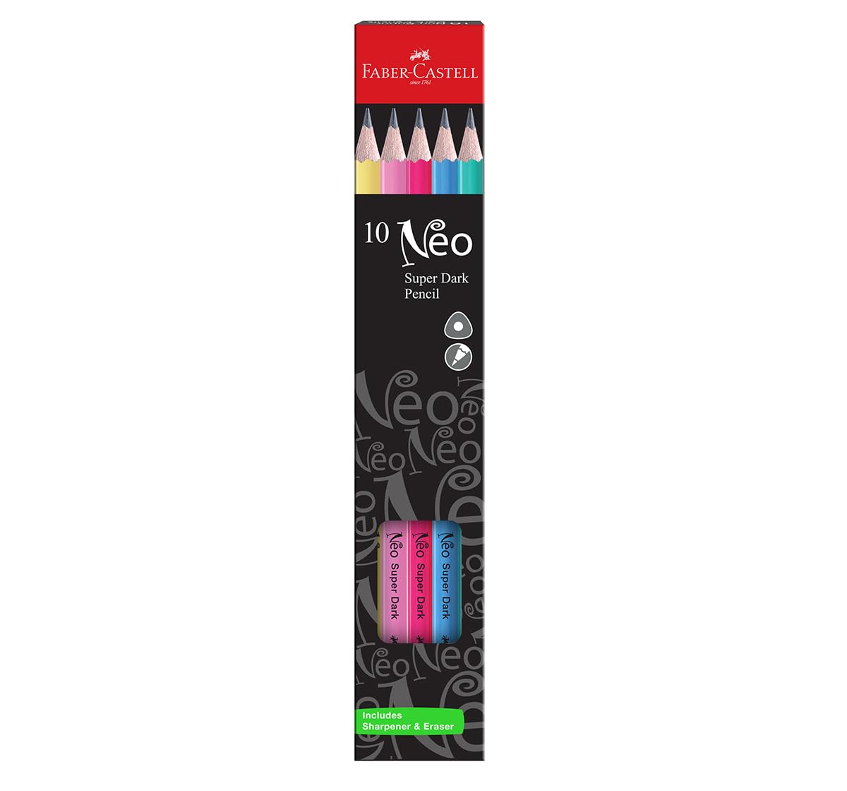 Faber-Castell Neo Super Dark Pencils (Pack of 10) – Premium Graphite Sketching & Writing Pencils with Sharpener & Eraser