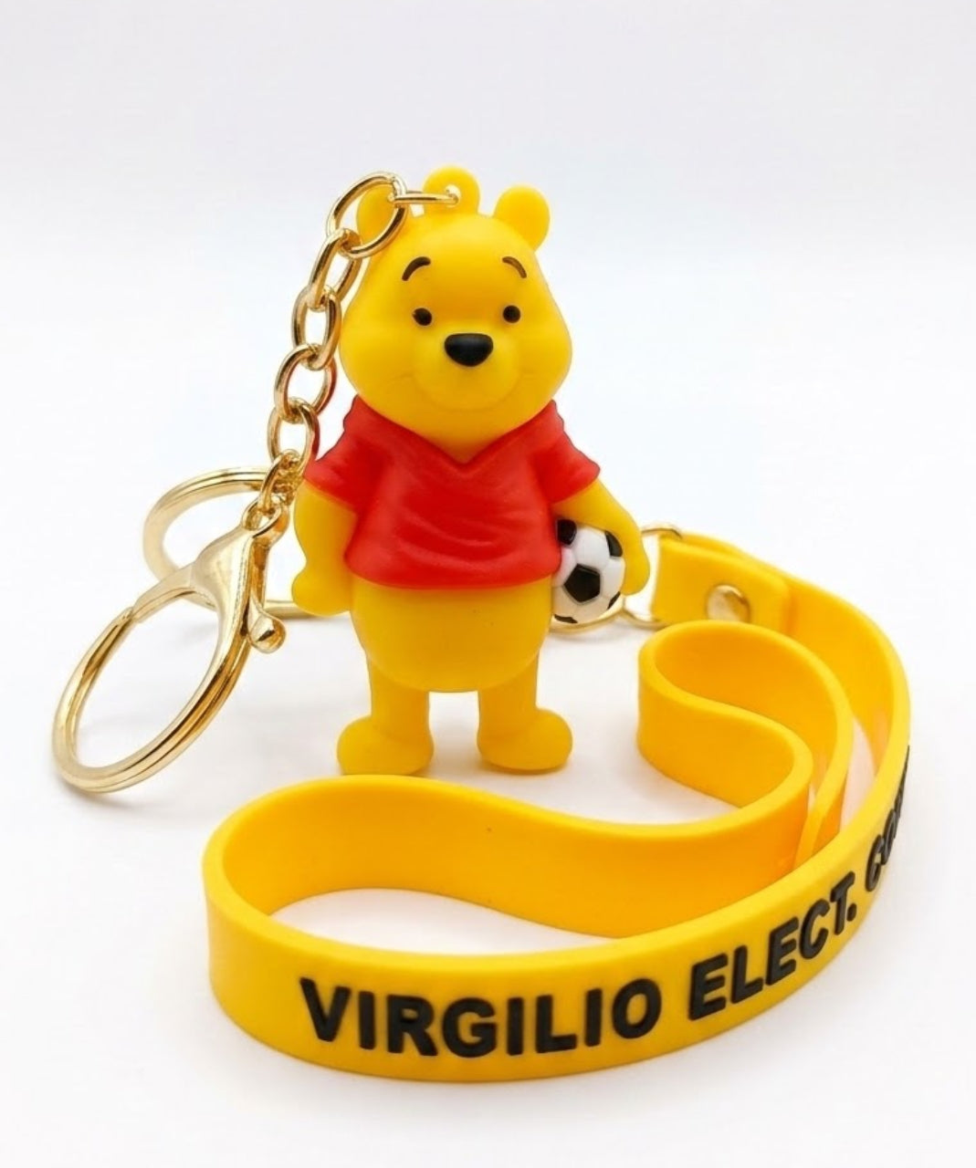 Winnie the Pooh Soccer Silicone Keychain with Yellow Lanyard Wrist Strap – Cute 3D Cartoon Bear Backpack Charm & Car Key Ring Accessory