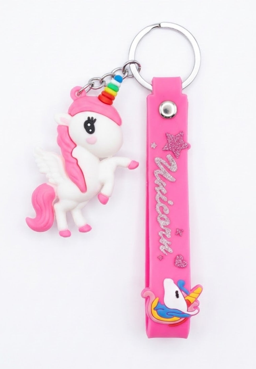 Cute 3D Silicone Pegasus Unicorn Keychain with Pink Wrist Strap | Magical Kawaii Bag Charm & Keyring