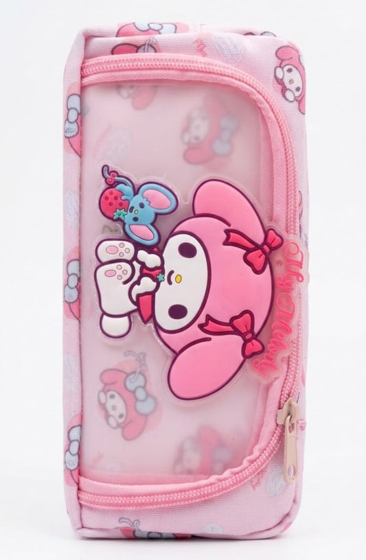 Cute My Melody Pencil Case – Kawaii Pink Sanrio Themed Pencil Pouch, Clear Window Stationery Organizer with 3D My Melody & Flat Mouse Accent for Girls & Kids