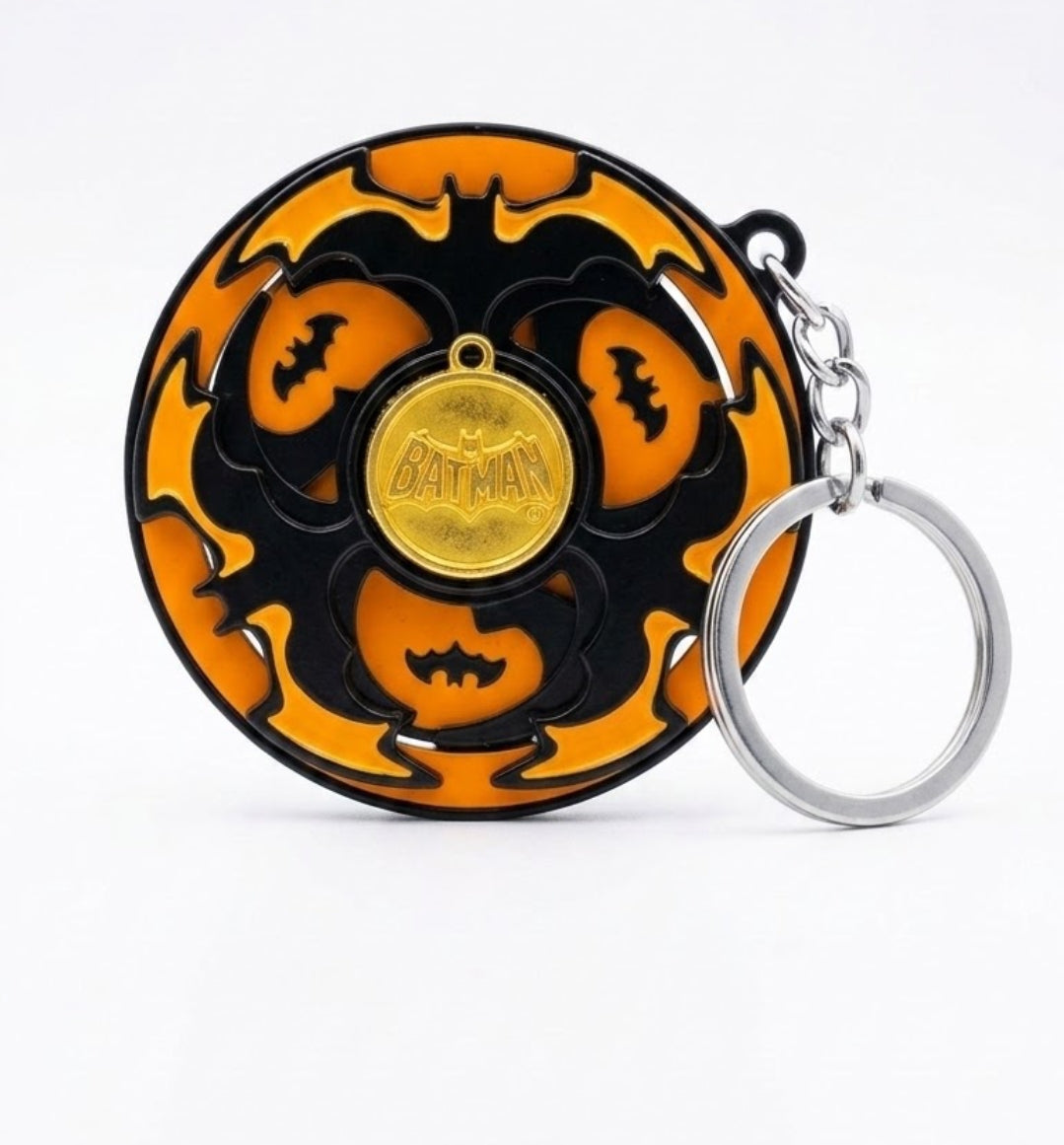 Batman Metal Spinner Keychain with Bat Logo Medallion – Dark Knight Superhero Key Ring, Black & Orange Batarang Style Backpack Charm