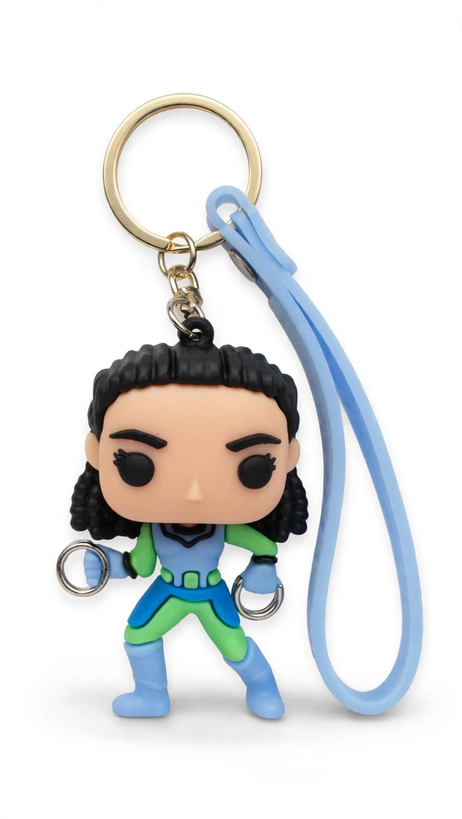 Cute Superhero Chibi Silicone Keychain with Blue Wrist Strap – 3D Cartoon Action Figure Backpack Charm & Comic Fan Key Ring Accessory