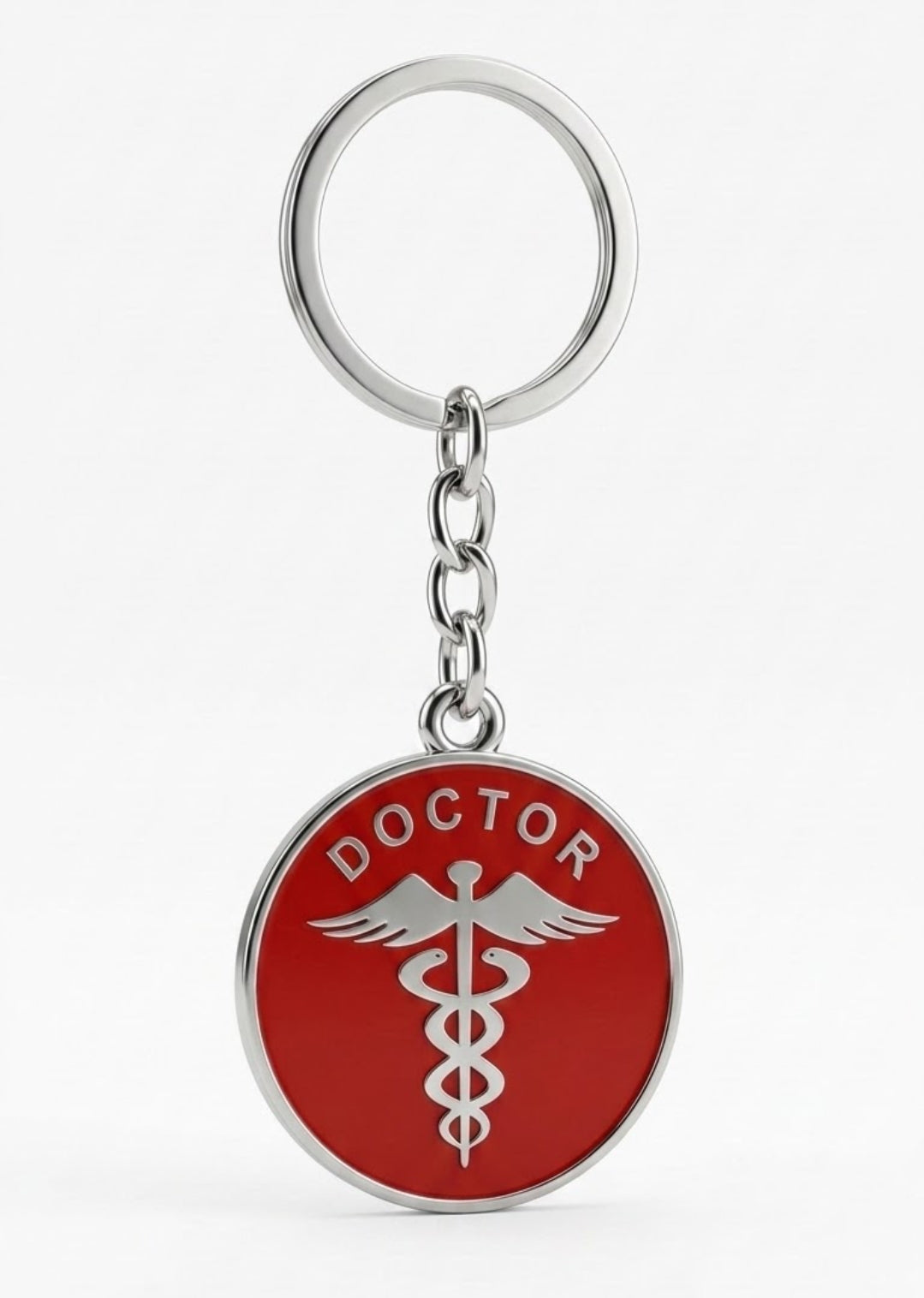 Doctor Symbol Caduceus Metal Keychain - Red Medical Professional Gift Keyring