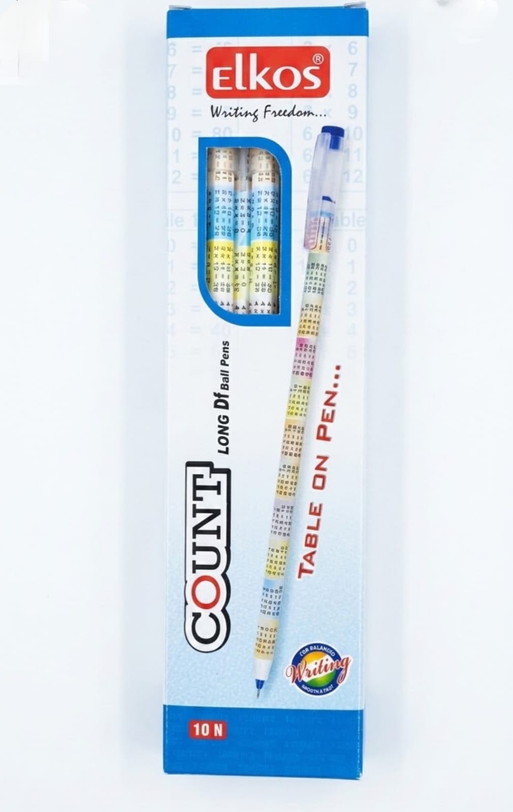 Elkos Count Long DF Ball Pens with Multiplication Tables Print – Pack of 10 Smooth Blue Ink Pens – Educational Math Table Stationery Kit for Students & School Kids