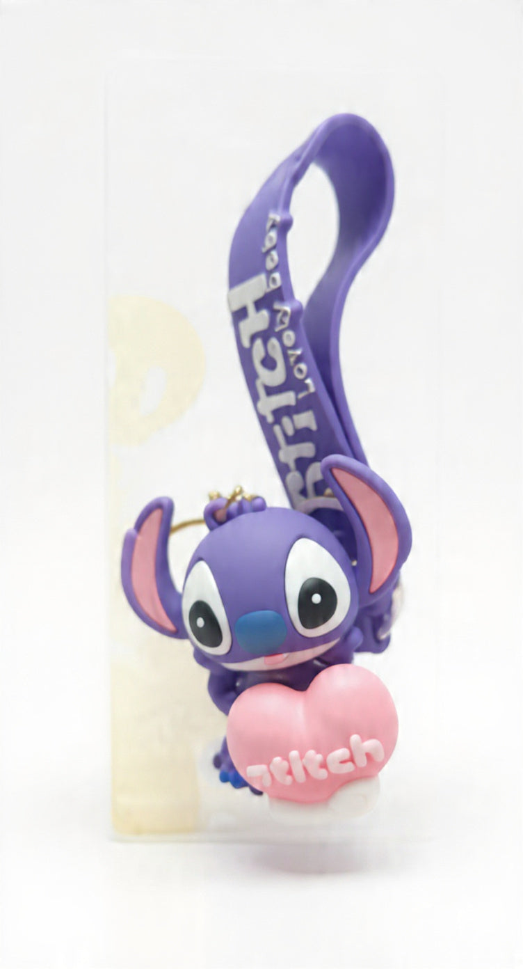 Cute Stitch Silicone Keychain with Purple Wrist Strap – 3D Cartoon Alien Holding Pink Heart Backpack Charm & Key Ring Accessory